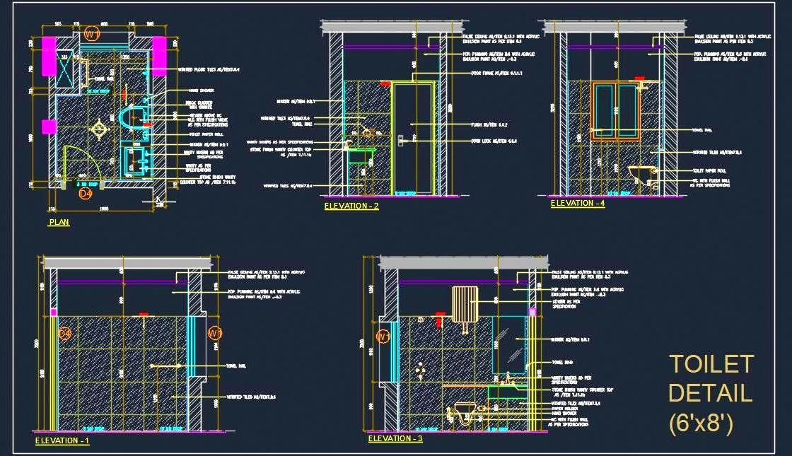 6'x8' Toilet Layout DWG- Detailed Sections and Elevations